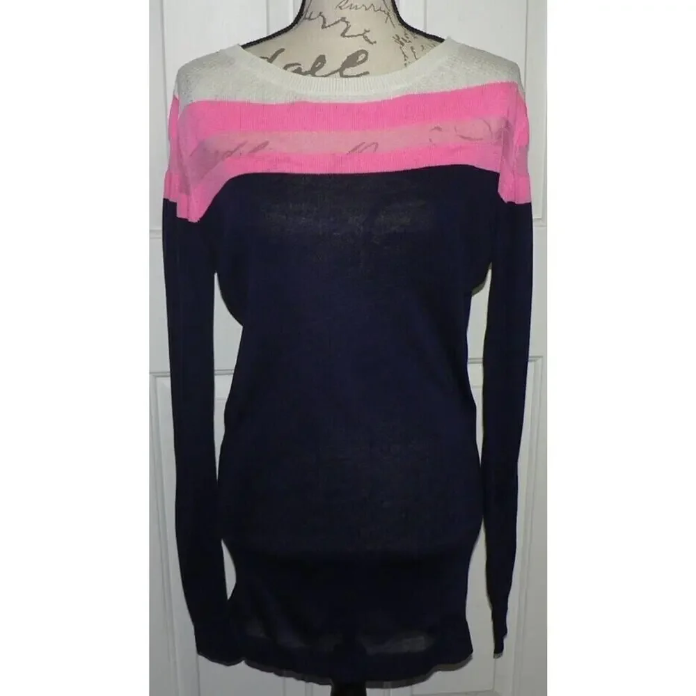 John + Jenn Lightweight Sheer Stripe Sweater Mini Dress Navy/Pink/Wht Medium $99